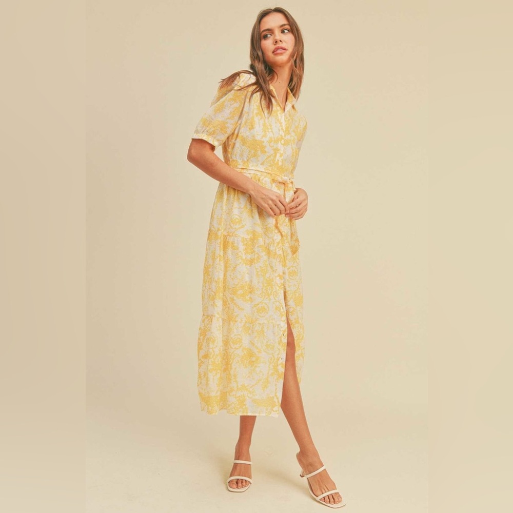 Butter Yellow Puff Sleeve Waist Tie Midi Dress